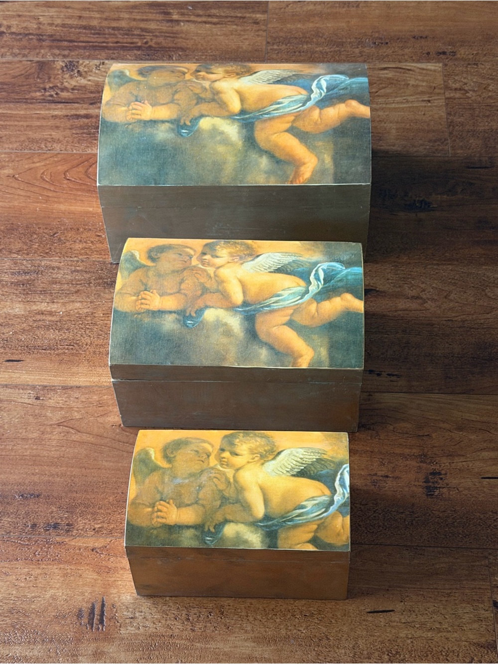 Cherub Angel Nesting Wood Boxes Set of 3 Decorative Stacking Storage Trunks VTG